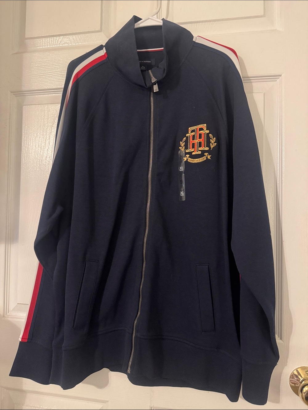 Tommy Hilfiger Navy Track Jacket with Red & White Shoulder Stripes